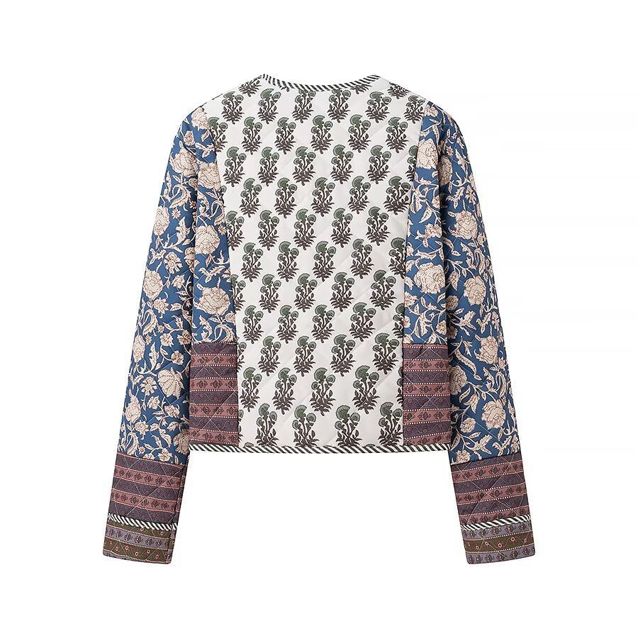 Women’s short jacket in patchwork floral print with open neckline and contrasting trimmings Fashion Glam