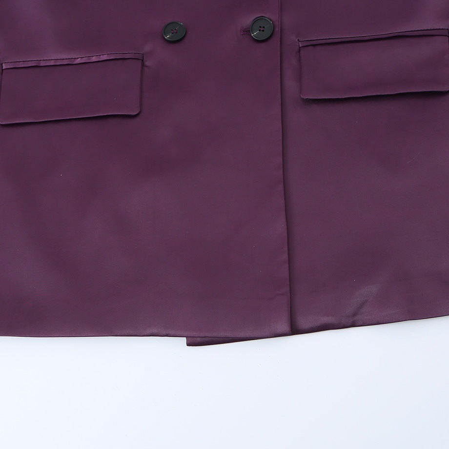 Women's Double-Breasted Satin Blazer with Notched Lapels and Flap Pockets Fashion Glam