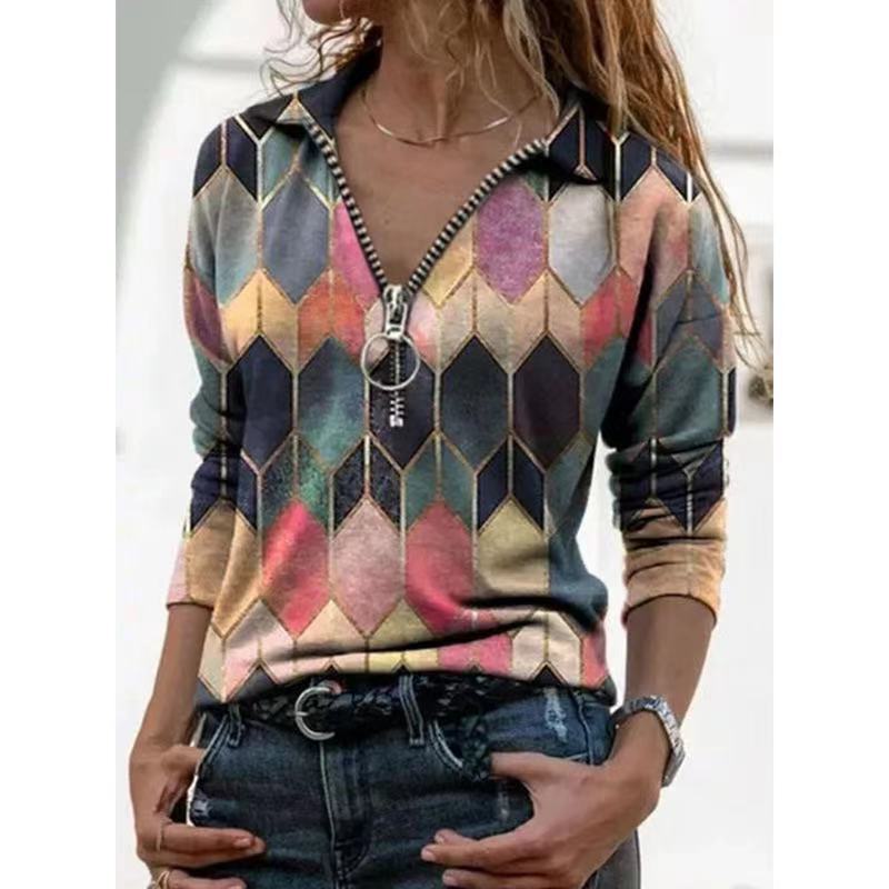 Women's zip pullover with polo collar, graphic diamond print and slim fit Fashion Glam