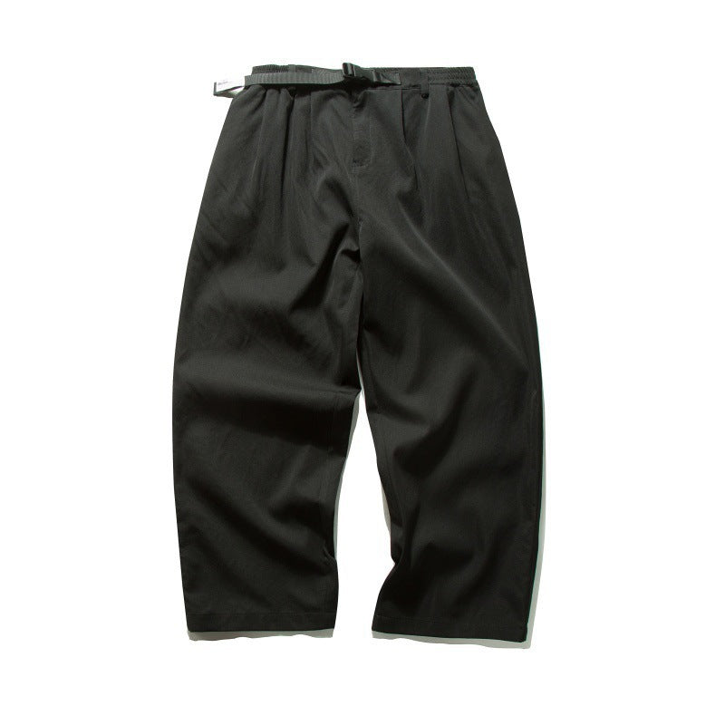 Men's Wide Relaxed Twill Pants with Elastic Waistband, D-Ring Belt, and Pleats Fashion Glam