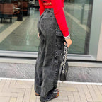 Women's Cargo Denim Pants with High Waist, Loose Baggy Cut and Functional Flap Pockets Fashion Glam