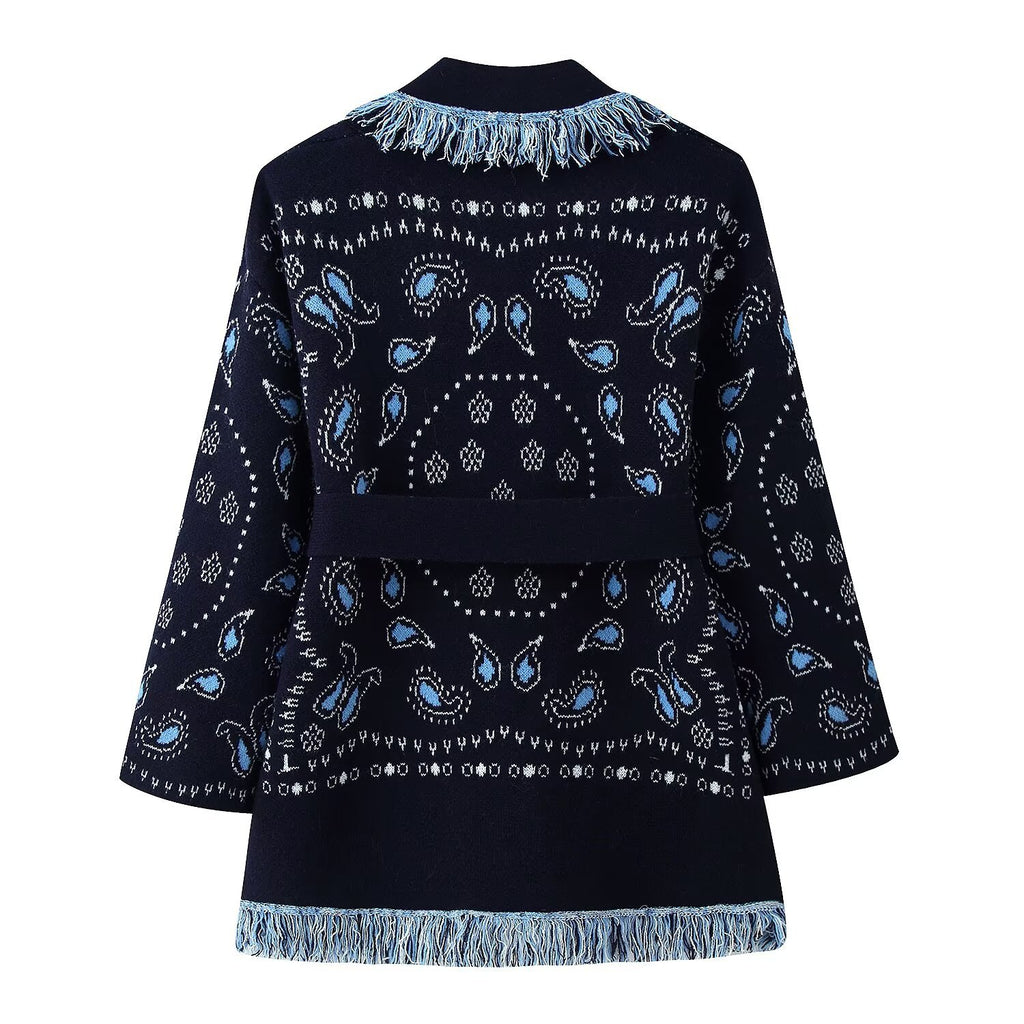 Women Fringe Kimono Cardigan with Paisley Jacquard and Tied Belt Fashion Glam