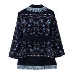 Women Fringe Kimono Cardigan with Paisley Jacquard and Tied Belt Fashion Glam