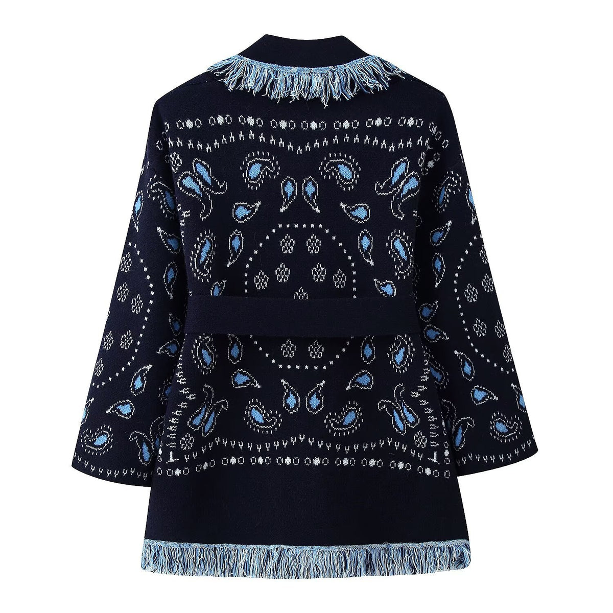 Women Fringe Kimono Cardigan with Paisley Jacquard and Tied Belt Fashion Glam