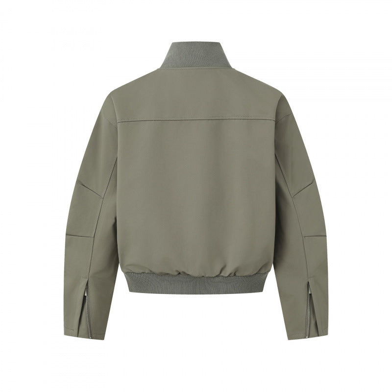 Unisex Short-cut minimalist bomber jacket with ribbed stand-up collar and concealed zipper placket Fashion Glam