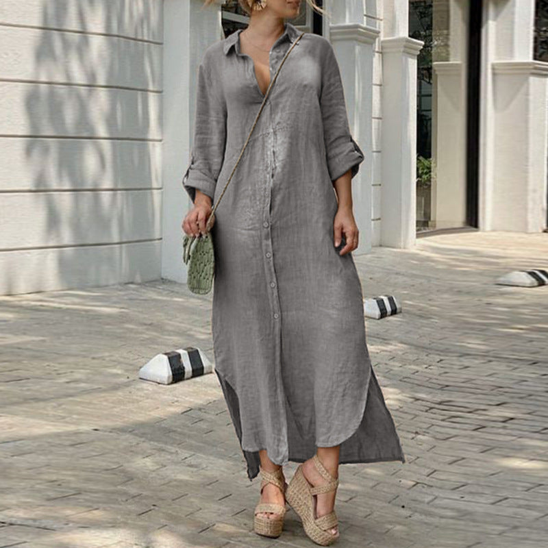 Women's button-up shirt dress with a continuous button placket, side slits, and 3/4 sleeves Fashion Glam