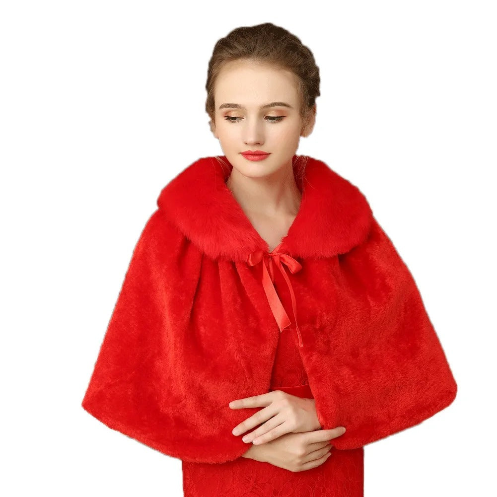 Women's Elegant Faux Fur Capelet with Bow Closure and Wide Overlapping Collar Fashion Glam