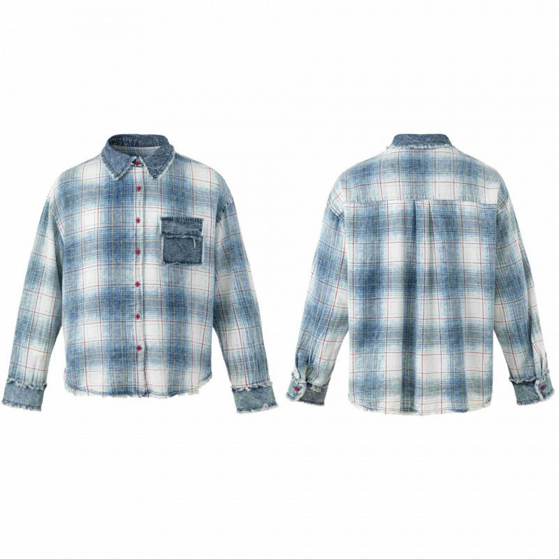Unisex Checked Overshirt in Used Look with Fringes, Denim Collar and Patch Chest Pocket Fashion Glam
