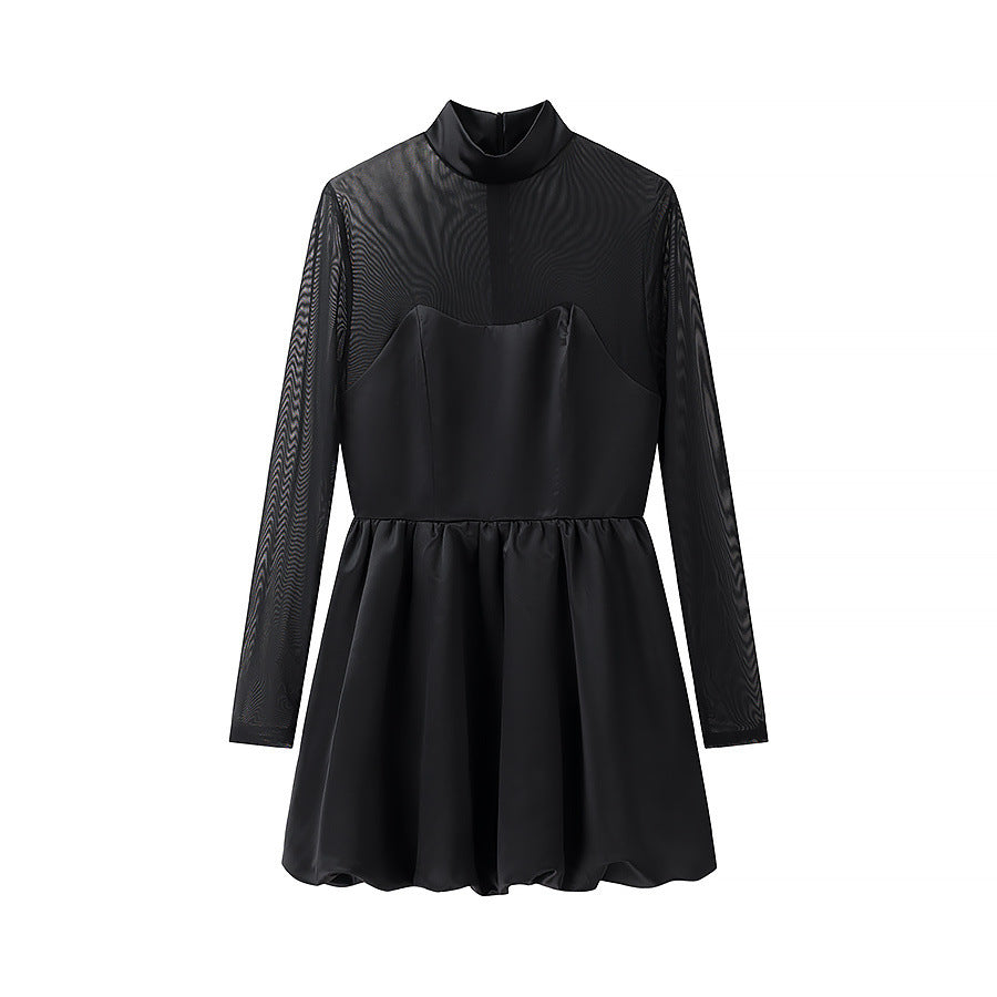 Women Short Mesh Sheath Dress with Stand Collar, Heart-Shaped Neckline and Fitted Flared Skirt Fashion Glam