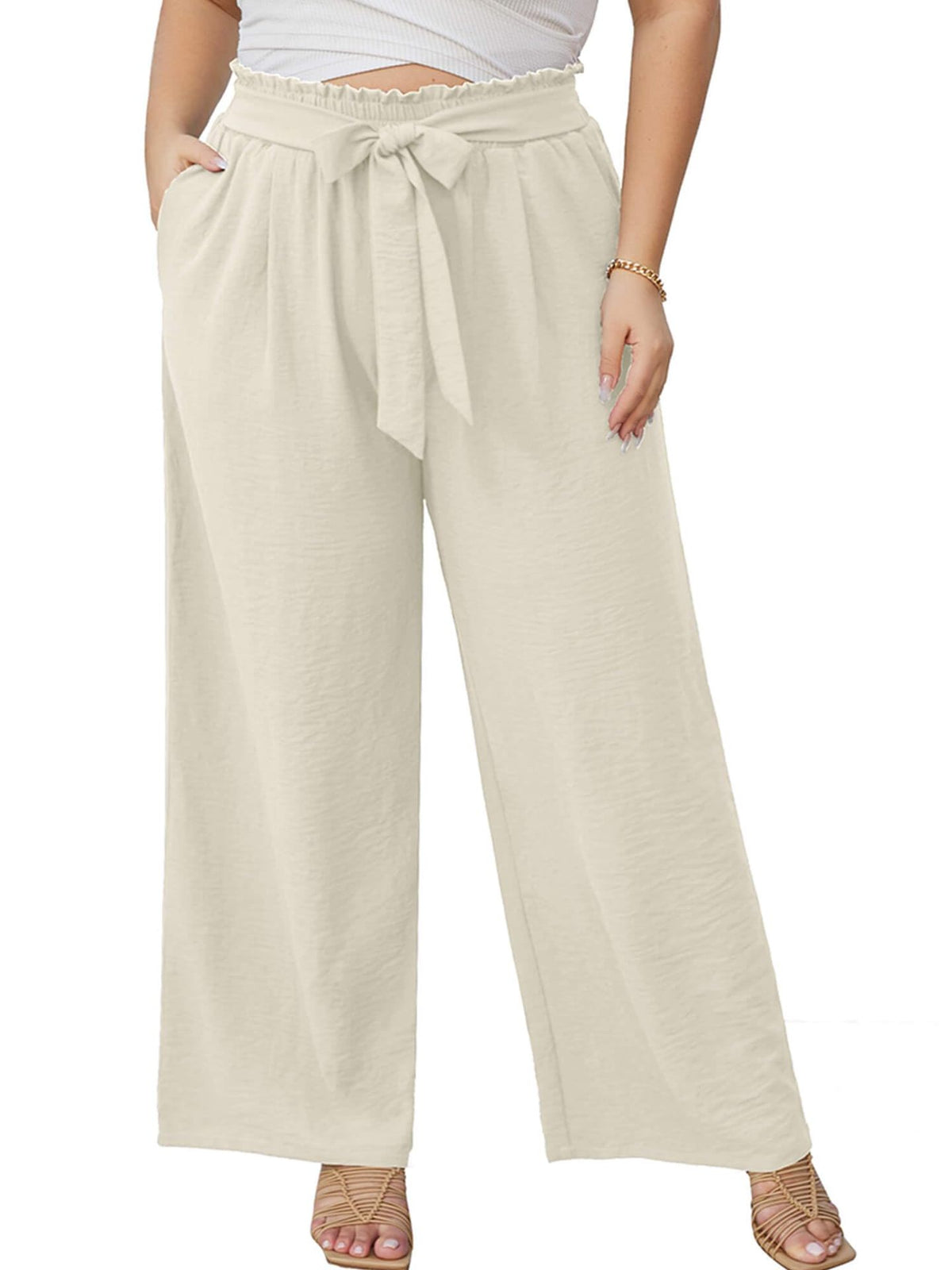 Women's Wide Culottes in Linen Look with Paperbag Waist, Tied Belt and Side Pockets Fashion Glam