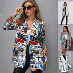 Women's Printed Long Blazer with Graphic Street Art Pattern and Tailored Fit Fashion Glam