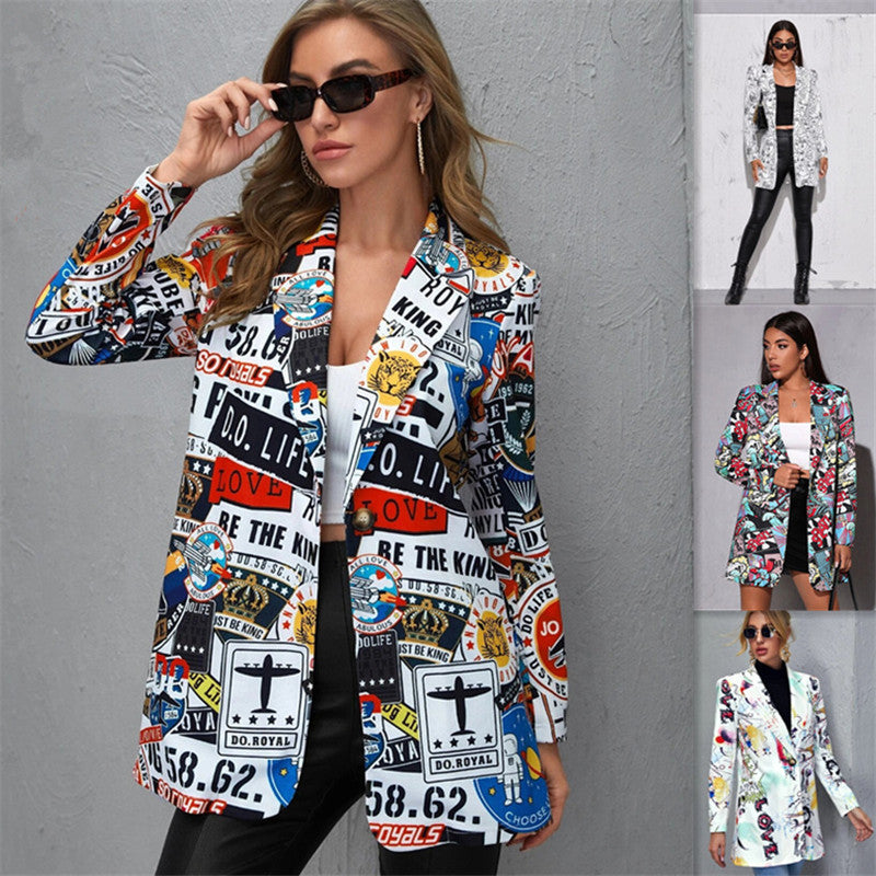 Women's Printed Long Blazer with Graphic Street Art Pattern and Tailored Fit Fashion Glam