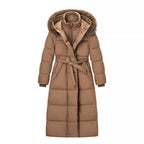 Women's Long Quilted Coat with Waist Belt, Hood and Faux Fur Trim Fashion Glam