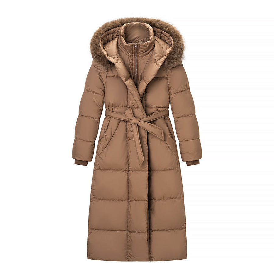 Women's Long Quilted Coat with Waist Belt, Hood and Faux Fur Trim Fashion Glam