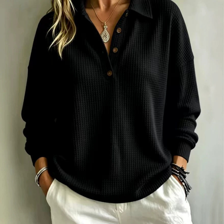 Ladies waffle knit polo with oversized fit, button placket and roll neck look Fashion Glam