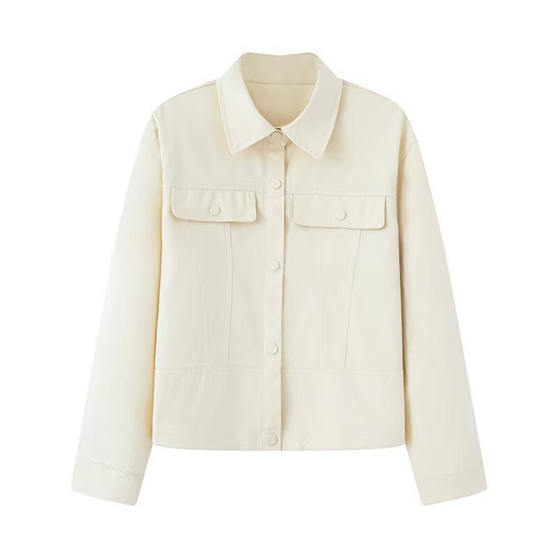 Women Short Cut Boxy Overshirt Jacket in Vegan Leather Look with Flap Pockets and Snap Button Closure Fashion Glam