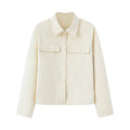 Women Short Cut Boxy Overshirt Jacket in Vegan Leather Look with Flap Pockets and Snap Button Closure Fashion Glam