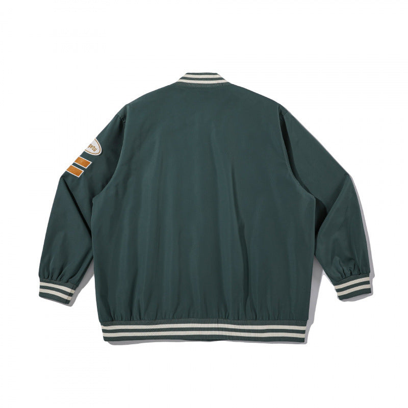 Unisex College Bomber Jacket with quilted patch, striped ribbed hems and snap button placket Fashion Glam