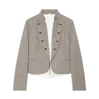 Ladies short blazer in military style with stand-up collar, double-breasted decorative button placket and tailored silhouette Fashion Glam