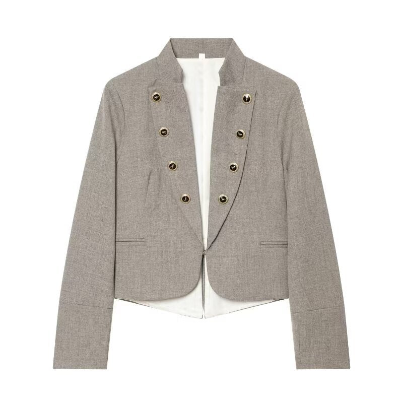Ladies short blazer in military style with stand-up collar, double-breasted decorative button placket and tailored silhouette Fashion Glam