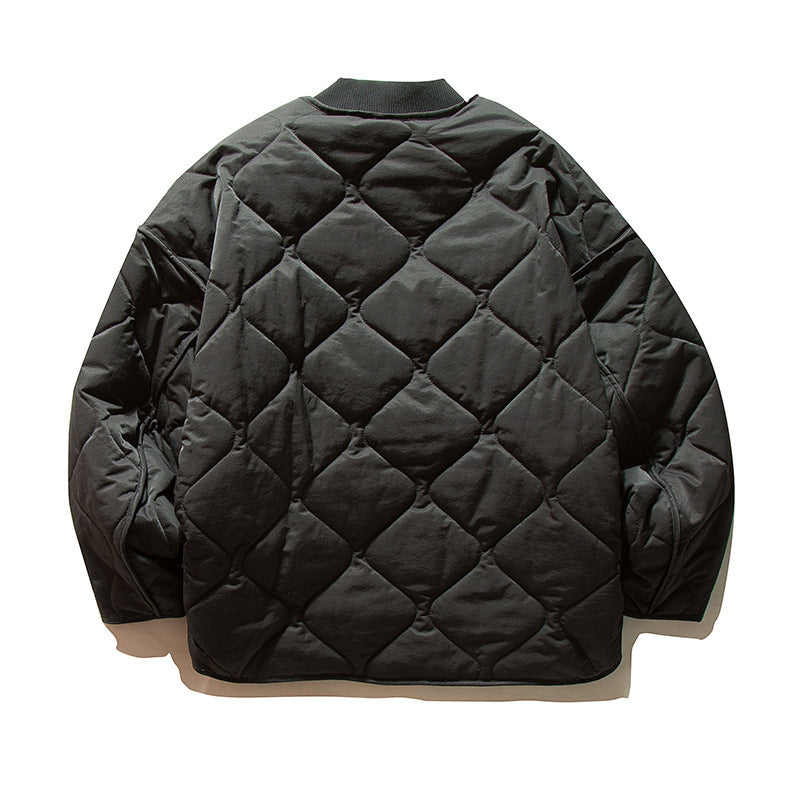 Unisex Lightweight Boxy Puffer Jacket with distinctive diamond quilting, front round pockets, and ribbed collar Fashion Glam
