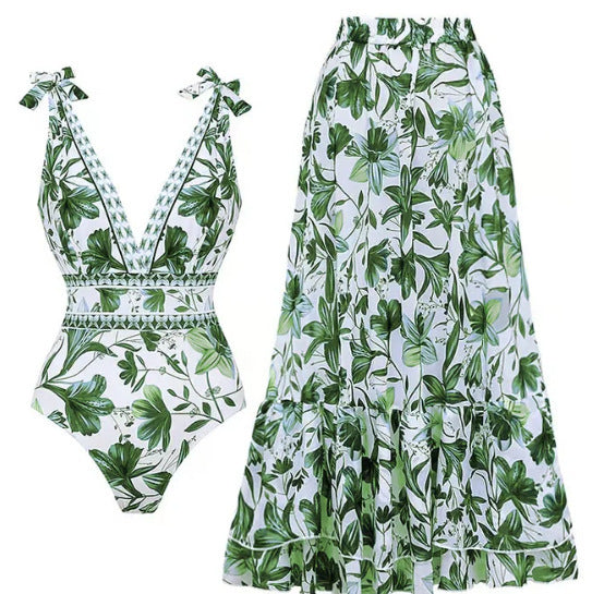 EMBERLY – BLUE AND WHITE PORCELAIN SWIMSUIT WRAP SKIRT SUIT