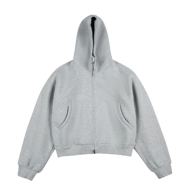 [Unisex] Short Boxy Hoodie with Continuous Zipper and Inserted Side Pockets Fashion Glam
