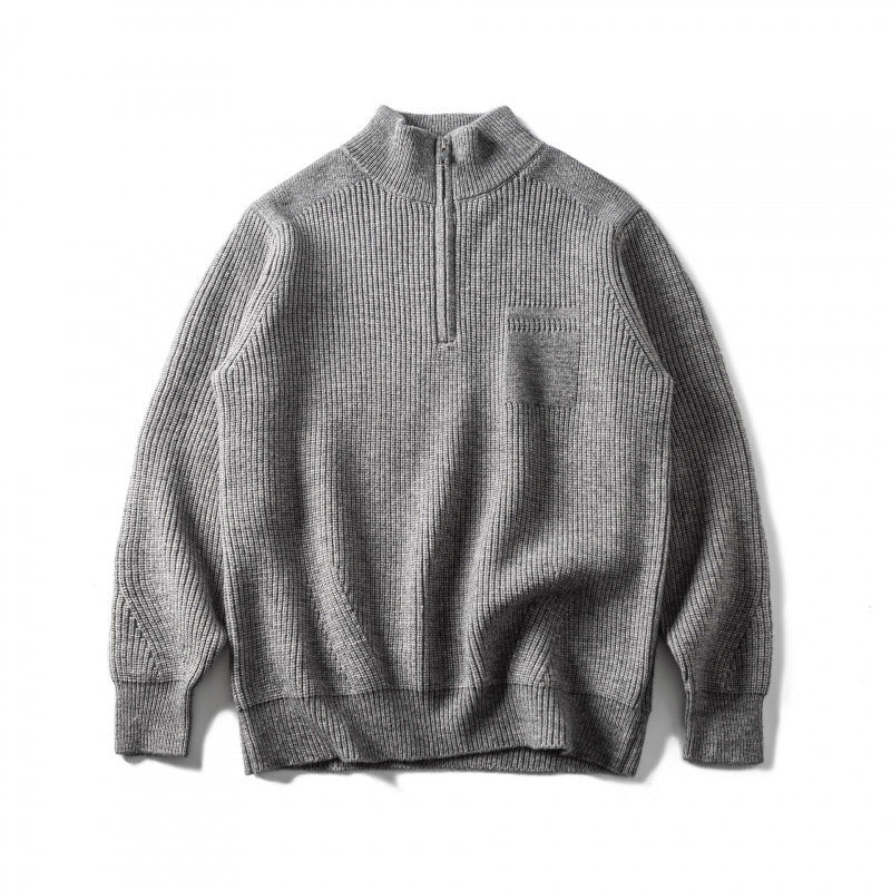 Unisex Coarse Knitted Half-Zip Sweater with Troyer Collar and Chest Pocket Fashion Glam