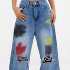 Women's wide Denim jeans with paint splatter and distressed knees Fashion Glam