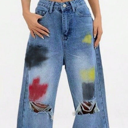 Women's wide Denim jeans with paint splatter and distressed knees Fashion Glam