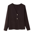 Women's Boxy Fine Knit Jacket with Deep V-Neck and Golden Decorative Buttons Fashion Glam