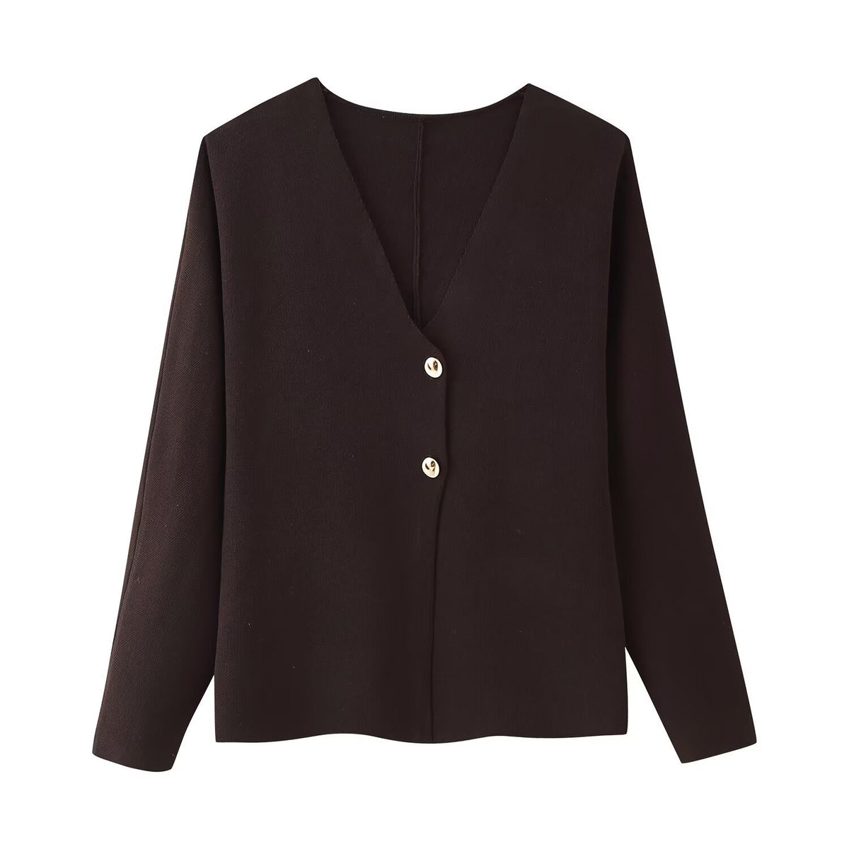 Women's Boxy Fine Knit Jacket with Deep V-Neck and Golden Decorative Buttons Fashion Glam