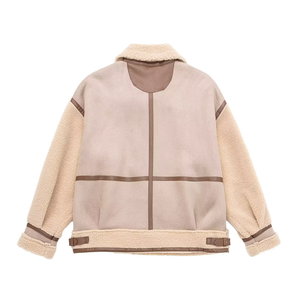 Women's Oversized Flight Jacket with Teddy Lining, Asymmetrical Zip and Faux Leather Details Fashion Glam