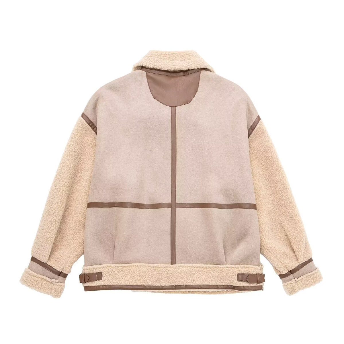 Women's Oversized Flight Jacket with Teddy Lining, Asymmetrical Zip and Faux Leather Details Fashion Glam