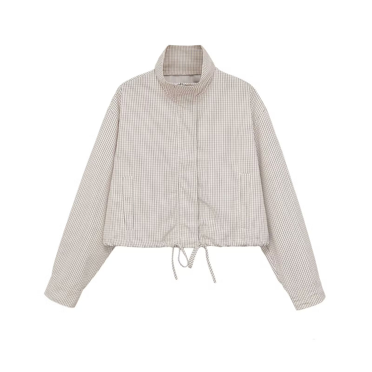 Women Cropped Checked Transitional Jacket with High Collar and Drawstring Fashion Glam