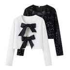 Women's short bolero jacket with sequin trim and double tied satin bows Fashion Glam