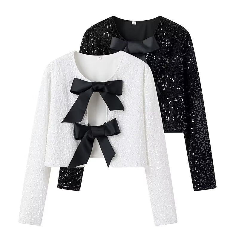 Women's short bolero jacket with sequin trim and double tied satin bows Fashion Glam