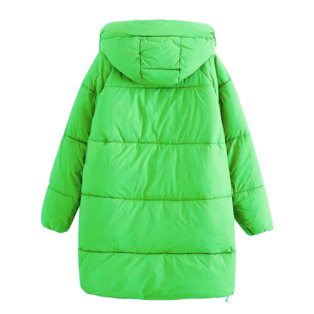 Women's Longer Quilted Down-Effect Coat with High Collar, Hood and Drawstring Fashion Glam