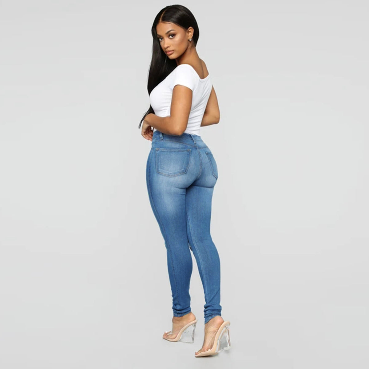 Women's High-Waist Skinny Jeans with Knee Rips and Figure-Flattering Cut Fashion Glam