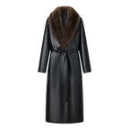 Ladies Longer Leather Coat with Voluminous Fur Collar and Minimalist Silhouette Fashion Glam