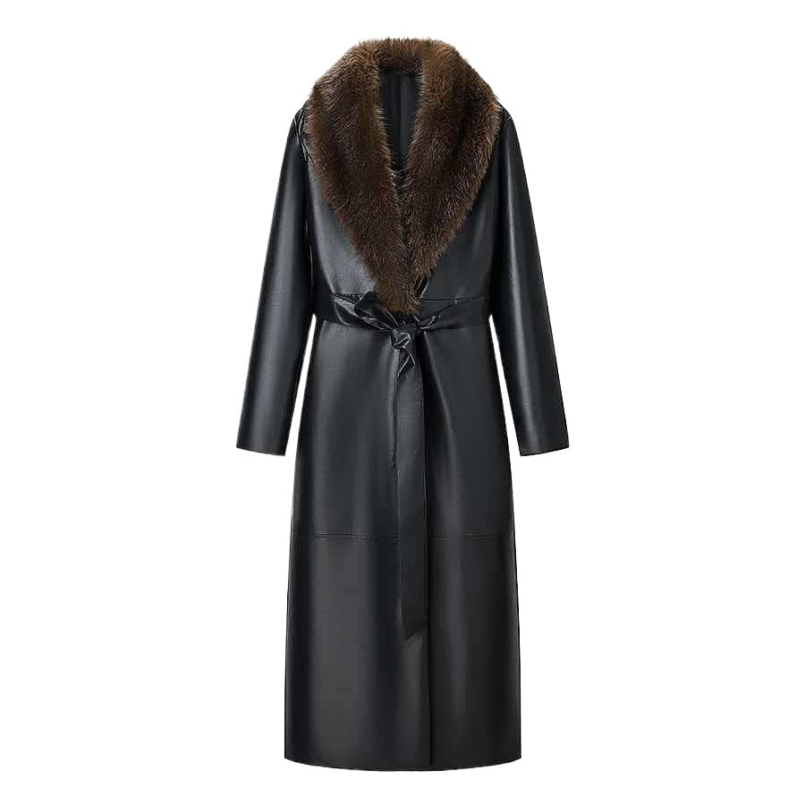 Ladies Longer Leather Coat with Voluminous Fur Collar and Minimalist Silhouette Fashion Glam