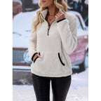 Women's fluffy fleece cuddle pullover with half zipper, kangaroo pocket and stand-up collar Fashion Glam