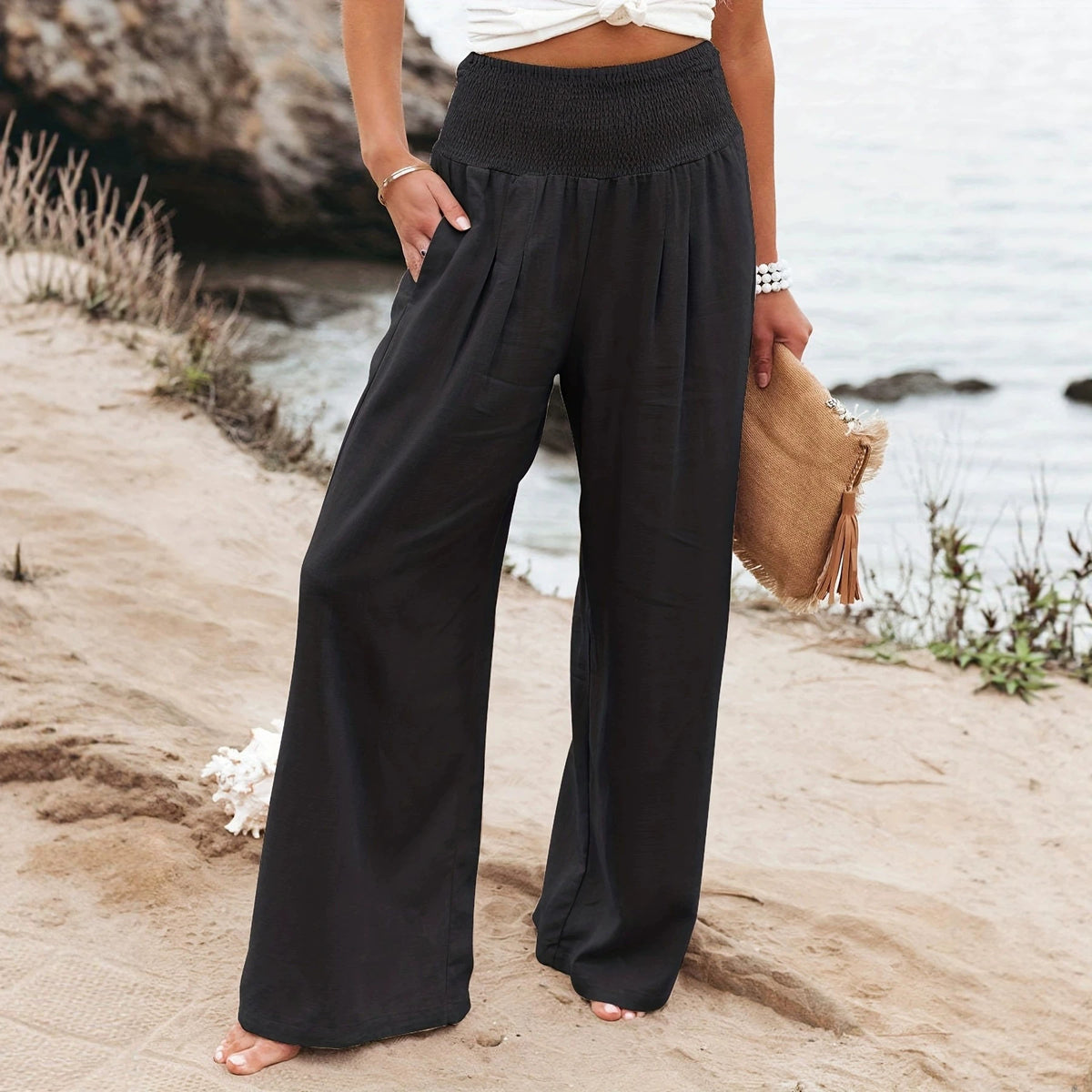 Women's Wide Linen Pants with Smocked Band and Side Pockets Fashion Glam