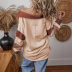Women’s oversized sweatshirt with deep V-neck, striped inner collar and contrast sleeves Fashion Glam