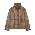 Ladies short jacket in lambskin look with stand-up collar, button and buckle closure Fashion Glam