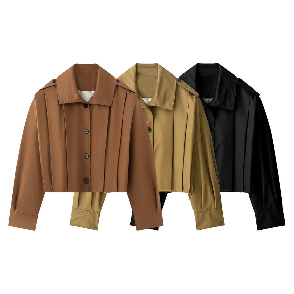 Ladies Short-Cut Trench Blouson Jacket with Pleats and Epaulettes Fashion Glam
