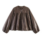 Women's short jacket with ruched yoke, round neck and balloon sleeves Fashion Glam