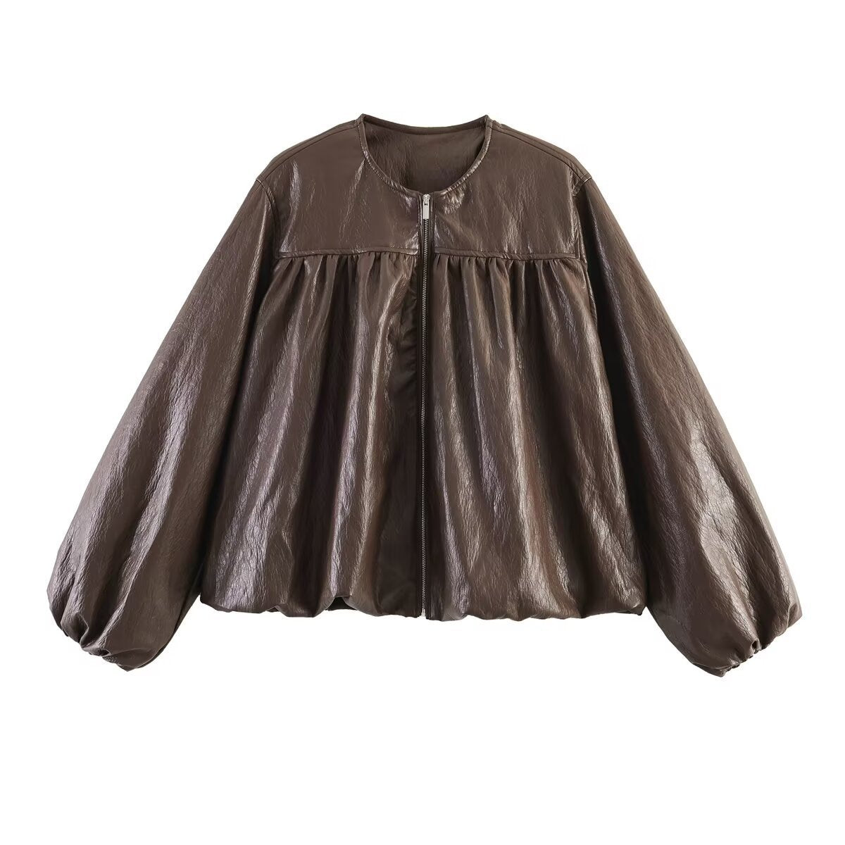 Women's short jacket with ruched yoke, round neck and balloon sleeves Fashion Glam