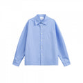 Women's oversized shirt with fine pinstripes, chest pocket, and classic Kent collar Fashion Glam