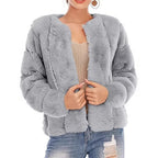 Women's Short Plush Bomber Jacket made of Faux Fur with Boxy Silhouette and Panel Sleeves Fashion Glam